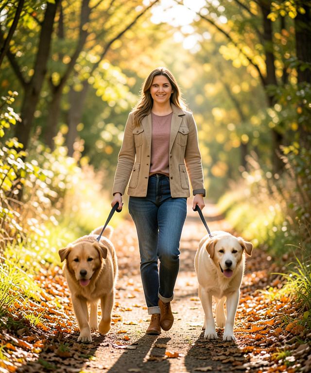 Nature Calls walker on a leafy trail with two dogs
